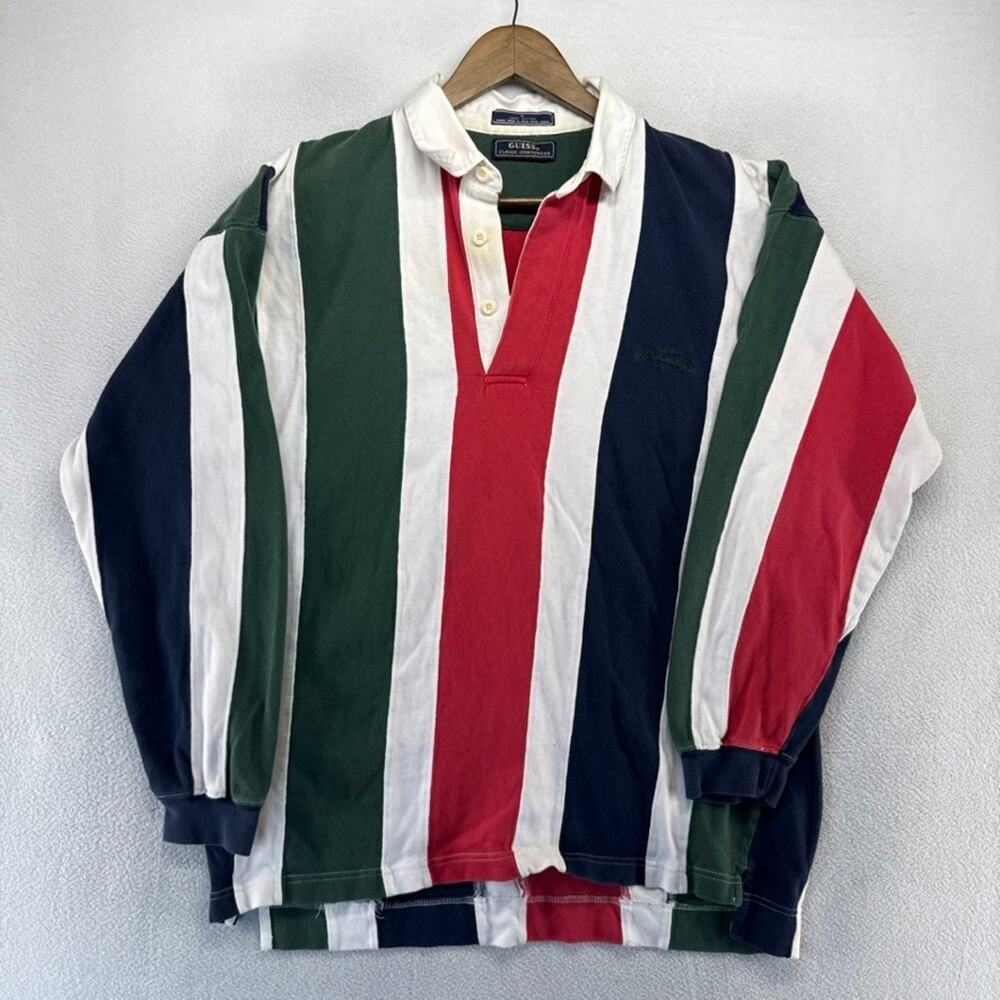 Vintage Guess Rugby Shirt Men's large Red Blue Vertical Striped Colorblock 90s